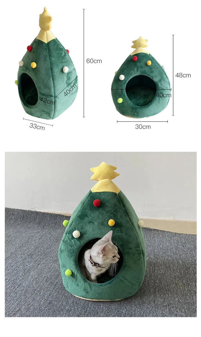 Cozy Christmas Tree Cat Bed - Warm and Comfortable Winter Nest for Cats and Small Pets