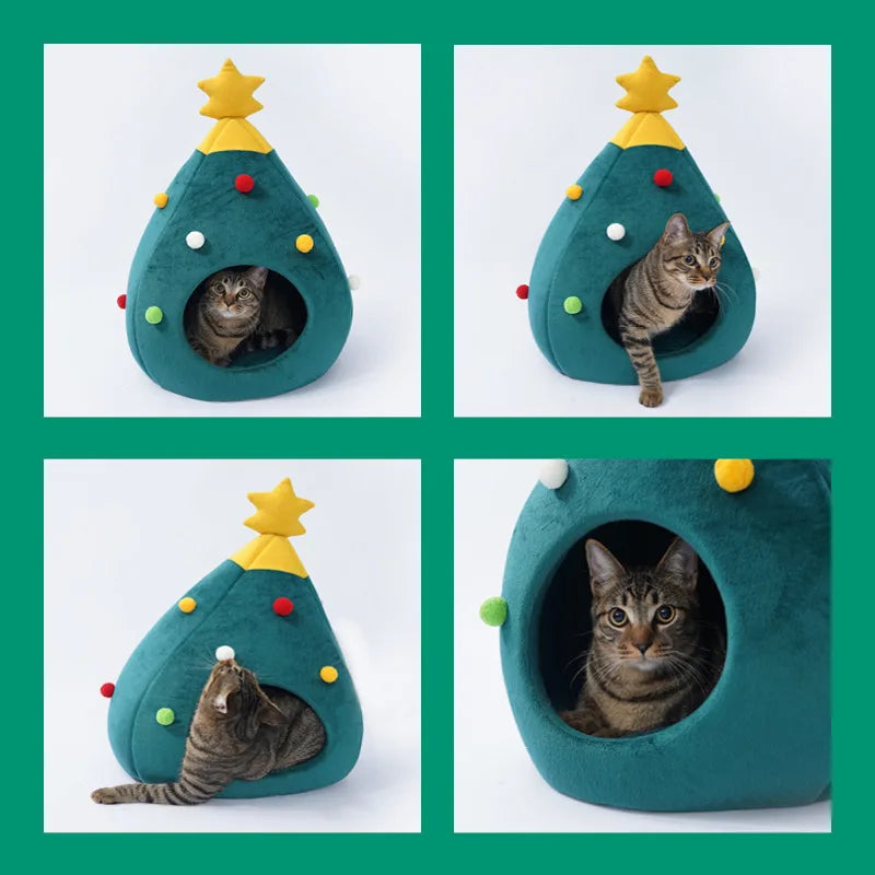 Cozy Christmas Tree Cat Bed - Warm and Comfortable Winter Nest for Cats and Small Pets